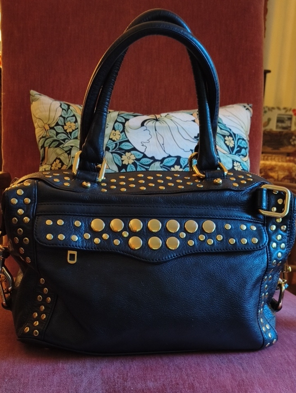 Black Studded Leather Satchel - Women Bags